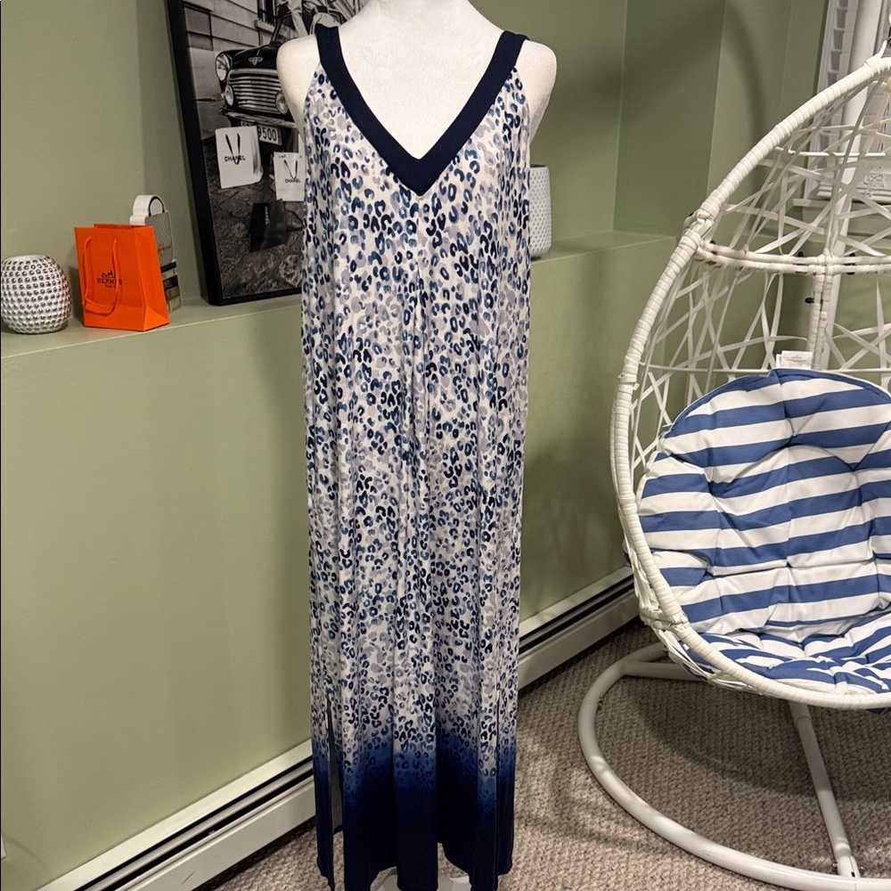 Vera Wang Simply Vera Blue and White Leopard Print Maxi Dress size Large